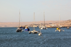 View of catamarans and desert from the waterfront