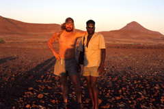 Two legends - Chris Bakkes and Vitalus Florry. Vitalus was able to identify “his” rhinos from their tracks in this rocky terrain. Chris survived an attack by two crocodiles and he wrote many books such as “In Bushveld and Desert: A Game Ranger's Life”